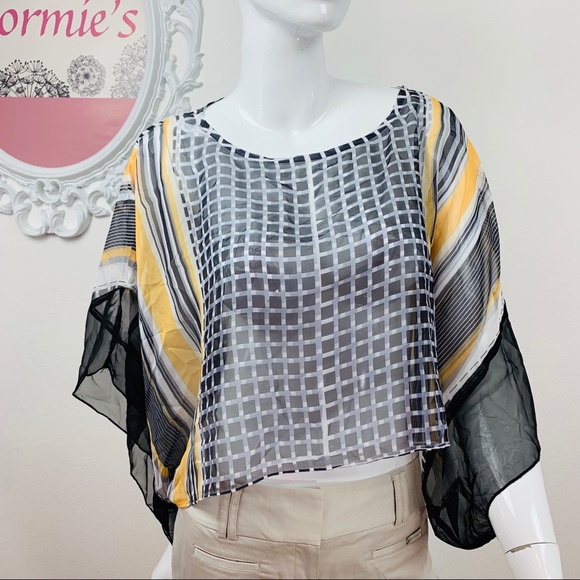 Energe / Sheer Black White Yellow Butterfly Top - Picture 1 of 8